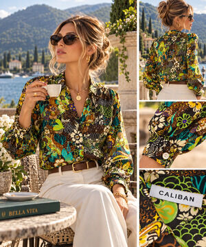 Caliban Italy Sz 38 XS 100% Silk Blouse Floral Botanical Print Designer